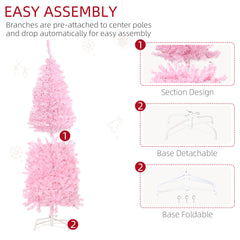 HOMCOM 5FT Tall Prelit Pencil Slim Artificial Christmas Tree with Realistic Branches, Warm White LED Lights and 408 Tips, Xmas Decoration, Pink