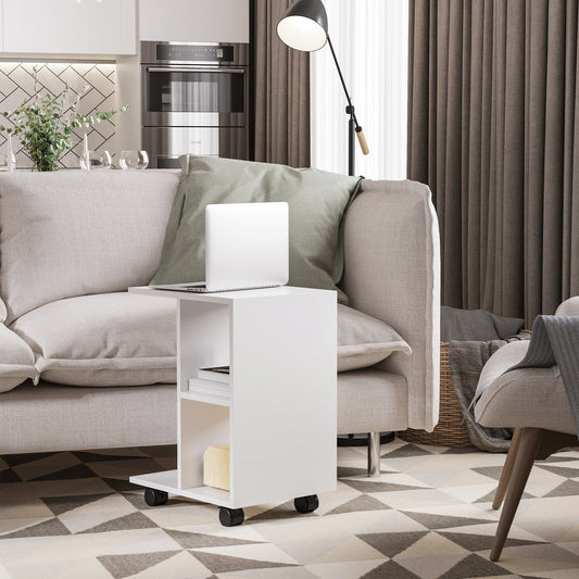 HOMCOM C-Shape End Table Unique Storage Unit w/ 2 Shelves 4 Wheels Freestanding Home Furniture Cabinet Square White