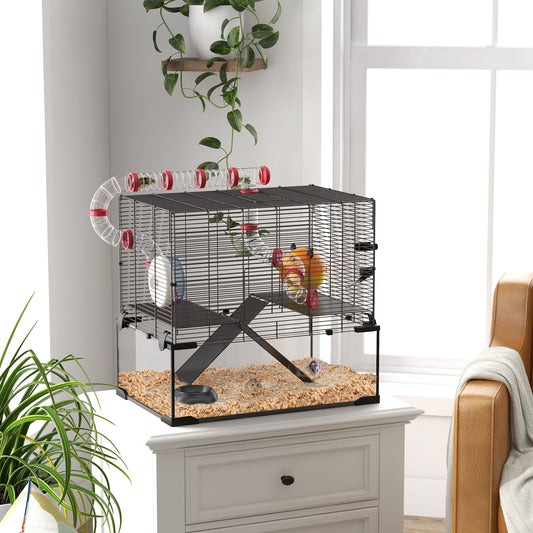 قفص الهامستر القزم من PawHut Gerbil Cage، مع قاع زجاجي عميق، وأنفاق، وكوخ، وعجلة تمرين، 60 × 40 × 57 سم