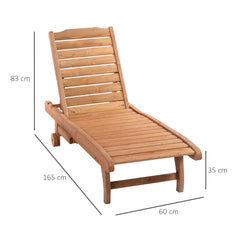 Outsunny Outdoor Wooden Lounger Chair, Sun Bed with Built-In Table, Adjustable Backrest and Wheels, Red Brown