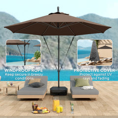 Outsunny 3(m) Garden Cantilever Parasol with Fillable Base, Wind Protection Strap, Cover, Round Banana Hanging Umbrella with Crank Handle and Tilt, Patio Umbrella for Outdoor Sun Shade, UPF50+, Brown