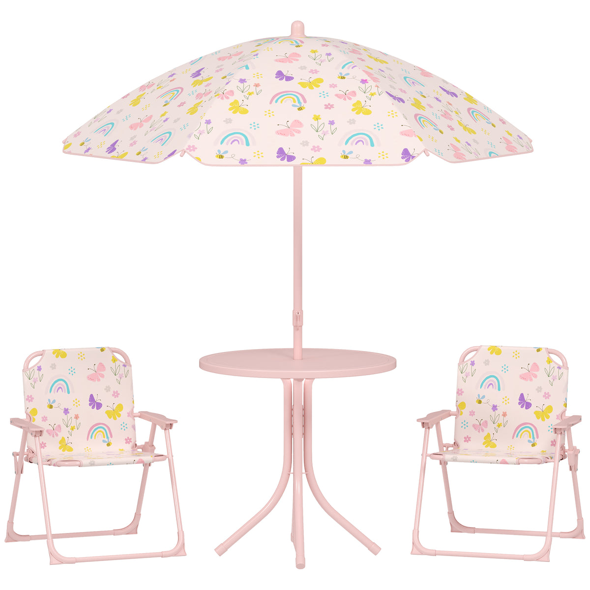 AIYAPLAY 4 Pieces Kids Garden Table and Chair Set with Adjustable Parasol, Folding Chairs, Table, Rainbow Pattern, Pink