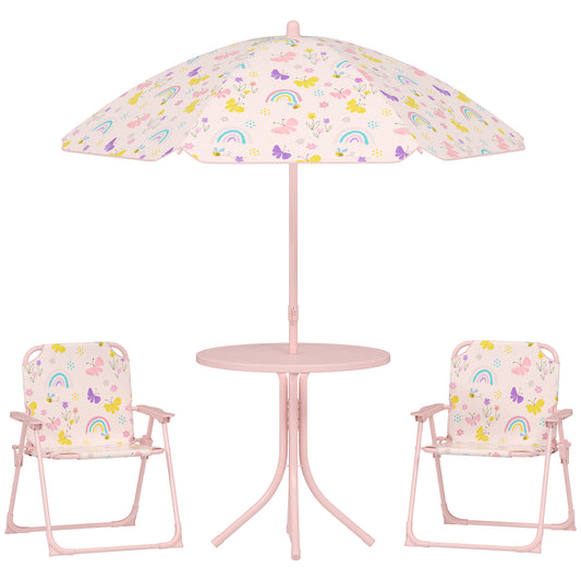 AIYAPLAY 4 Pieces Kids Garden Table and Chair Set with Adjustable Parasol, Folding Chairs, Table, Rainbow Pattern, Pink