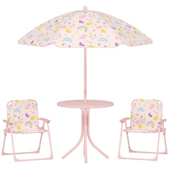 AIYAPLAY 4 Pieces Kids Garden Table and Chair Set with Adjustable Parasol, Folding Chairs, Table, Rainbow Pattern, Pink