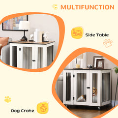 PawHut Dog Crate Furniture, Dog Cage End Table, with Wheels, for Medium Dogs, 80 x 60 x 76.5cm - White