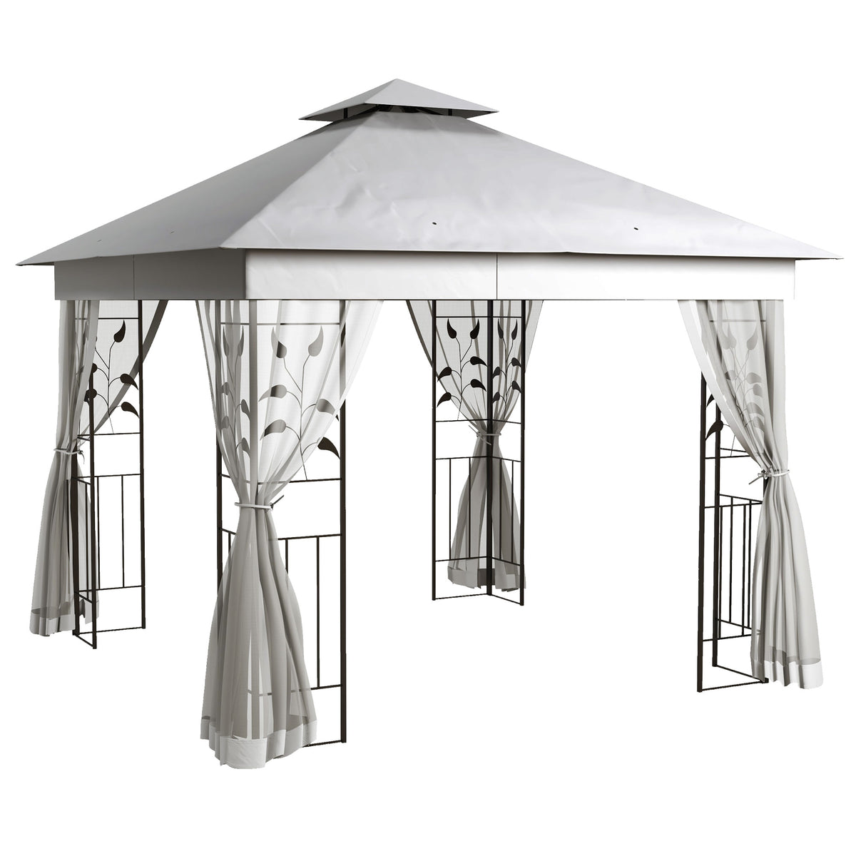 Outsunny 3(m) x 3(m) Double Roof Outdoor Garden Gazebo Canopy Shelter with Netting, Solid Steel Frame, Light Grey