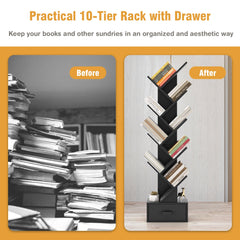 10-Tier Freestanding Tree Bookshelf with Drawer-Black