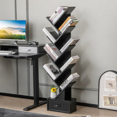 10-Tier Freestanding Tree Bookshelf with Drawer-Black