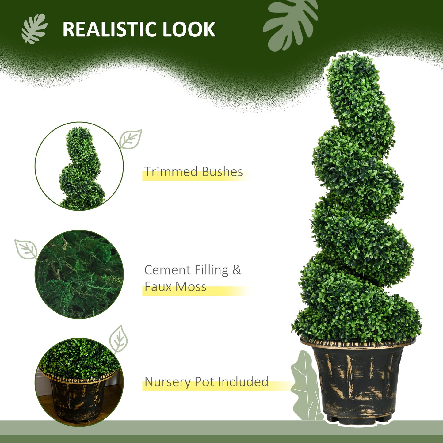 HOMCOM Set of 2 Artificial Plants, Topiary Spiral Boxwood Trees with Pot, for Home Indoor Outdoor Decor, 90cm