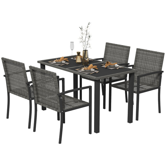 Outsunny Outdoor Dining Set 5 Pieces Patio Conservatory with Tempered Glass Tabletop,4 Dining Chairs - Grey