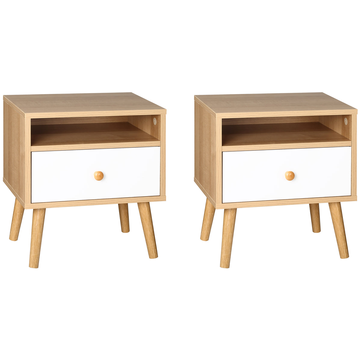 HOMCOM Bedside Table, Bedside Cabinet with Drawer and Shelf, Modern Nightstand, End Table for Living Room, Bedroom, Set of 2, Natural