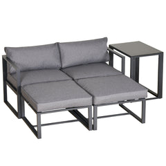 Outsunny 5 Piece Garden Aluminium Conversation Sofa Set Patio Furniture Set Outdoor 2 Sofas 2 Footstools End Table with Cushions