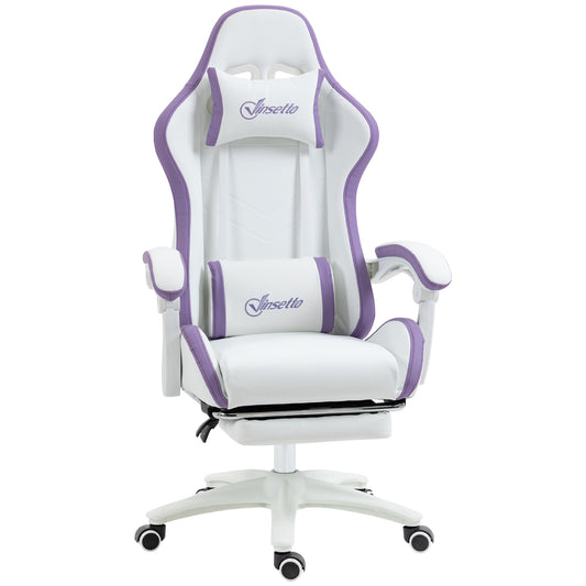 Vinsetto Computer Gaming Chair, PU Leather Office Desk Chair with Footrest, Swivel Wheels, 135√Ç¬∞ Reclining Back, Lumbar Support, Headrest for Home, White and Purple