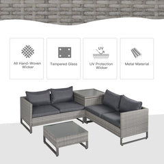 Outsunny 4 PCs PE Rattan Wicker Sofa Set Outdoor Conservatory Furniture Lawn Patio Coffee Table w/ Side Storage Box & Cushion, Grey