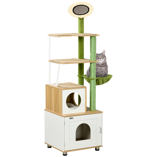 PawHut Cat Tree with Cat Litter Box for Indoor Cats, with Scratching Post, Cat House, Hammock - Oak Tone