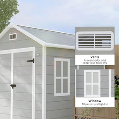 Outsunny 6 x 5ft Garden Shed, Plastic Shed with Floor, Window, Lockable Doors and Vents, Wood Effect Resin Tool Shed for Outdoor Patio, Light Grey