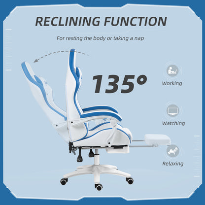 Vinsetto Computer Gaming Chair, PU Leather Office Desk Chair with Footrest, Swivel Wheels, 135√Ç¬∞ Reclining Back, Lumbar Support, Headrest for Home, White and Blue