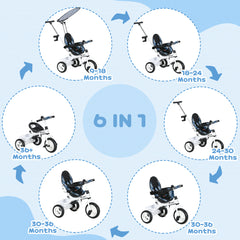 HOMCOM 6 in 1 Tricycle for Kids with 5-point harness straps, Removable Canopy, Blue