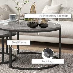 HOMCOM Industrial Nesting Coffee Table Set of 2, Round Coffee Tables, Living Room Table with Faux Marbled Top and Steel Frame