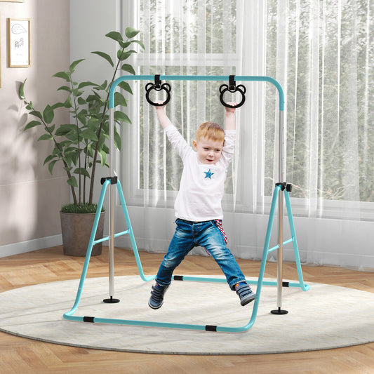 HOMCOM Adjustable Height, Foldable Kids Gymnastics Bar w/ Non-slip Rubber Floor Rings, for 3+ Years, Green