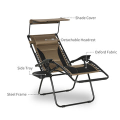 Outsunny Zero Gravity Lounger Chair, Folding Reclining Patio Chair with Shade Cover, Padded Seat, Cup Holder, Soft Cushion and Headrest for Poolside, Camping, Coffee