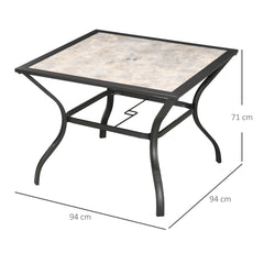 Outsunny 94 x 94 cm Garden Table with Parasol Hole, Outdoor Dining Table for 4, Square Patio Table with Stone-Grain Effect PC Board Top for Patio, Garden, Grey