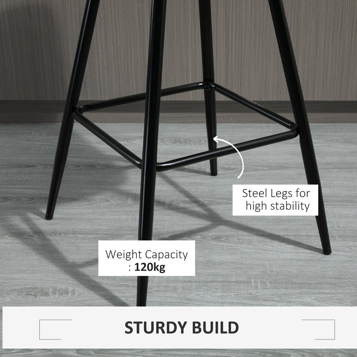 HOMCOM Set of 2 Bar Stools Velvet-Touch Dining Chairs Kitchen Counter Chairs Fabric Upholstered seat with Metal Legs, Backrest, Grey