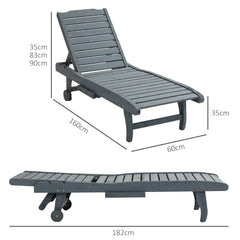 Outsunny Garden Patio Sun Lounger, Outdoor Wooden Sun Bed with Built-In Table, Reclining Backrest and Rolling Wheels for Sunbathing, Grey