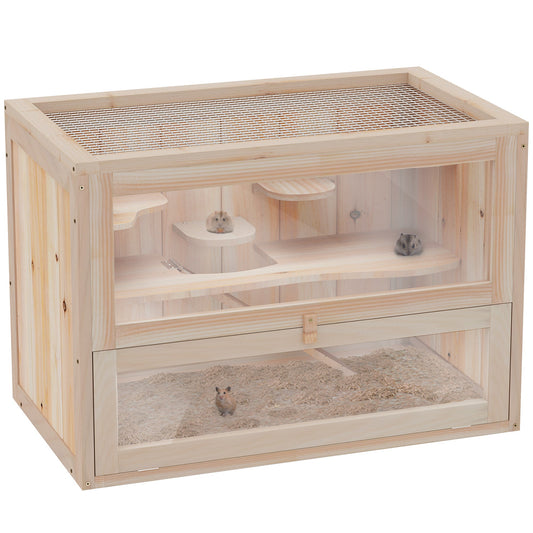 PawHut Wooden Hamster Cage Mouse Mice Rodent Small Animals Hutch Exercise Play House 60 x 35 x 42cm, Natural Wood Finish