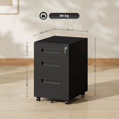 Vinsetto Metal Mobile File Cabinet with Wheels, Lockable 3 Drawer Filing Cabinet for A4, Legal, Letter, Under Desk Office Cabinet with Pre-Assembled Body for Home Office, 39 x 48 x 60 cm, Black