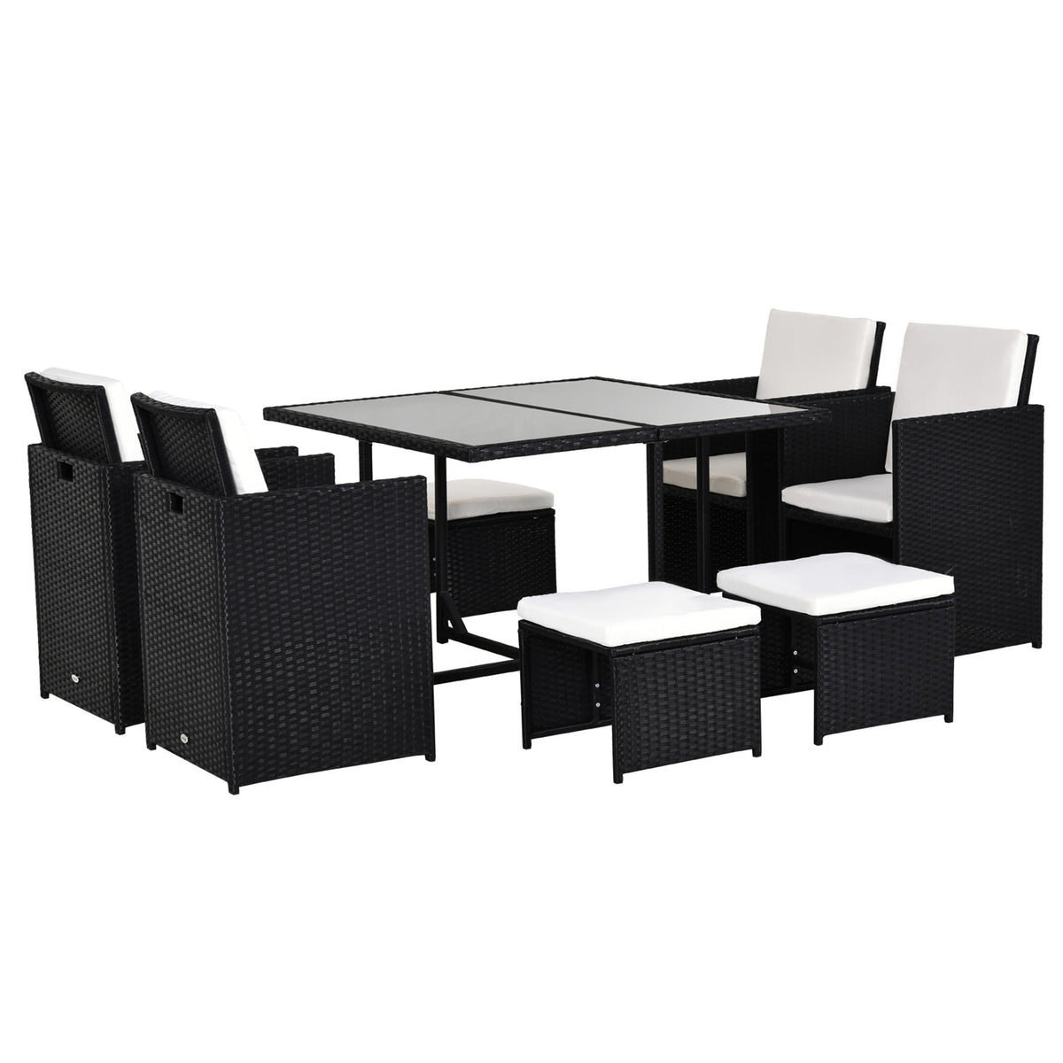 Outsunny 8 Seater Rattan Cube Garden Furniture Set, Rattan Dining Set with Cushions, Outdoor Dining Table and Chairs with 4 Armchairs, 4 Stools, Square Glass Top Table, Black