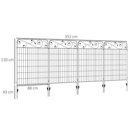 Outsunny Decorative Garden Fencing, 4PCs Outdoor Picket Fence Panels, 43in x 11.5ft Rustproof Metal Wire Landscape Flower Bed Border Edging Animal Barrier, Black
