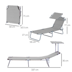 Outsunny Outdoor Foldable Sun Lounger, 4 Level Adjustable Backrest Reclining Sun Lounger Chair with Angle Adjust Sun Shade Awning for Beach, Garden, Patio, Light Grey