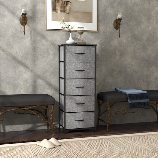 HOMCOM Fabric Chest of Drawers, Storage Drawers, Industrial Bedroom Dresser with 5 Fabric Drawers, Steel Frame and Wooden Top for Nursery, Living Room, Hallway, Dark Grey