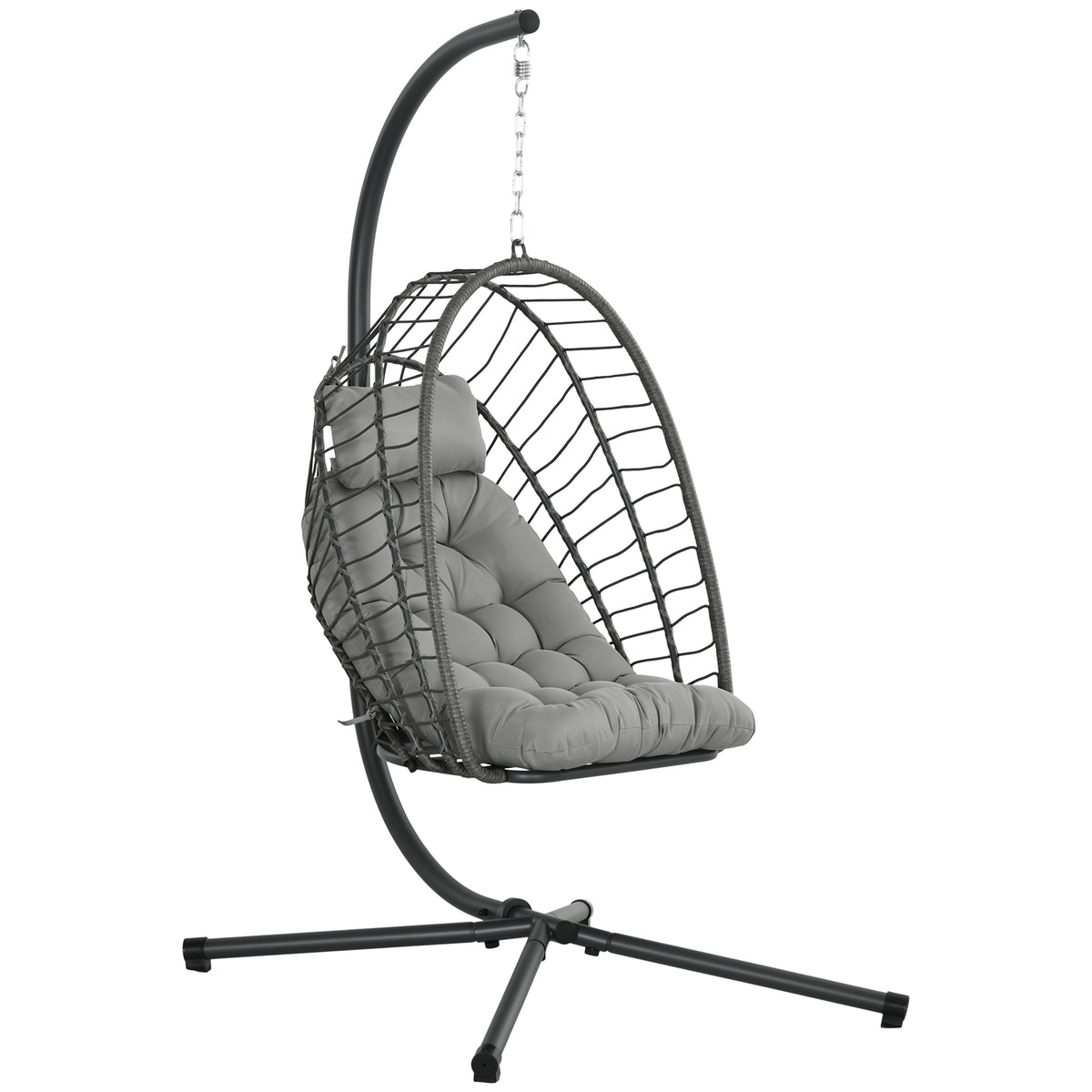 Outsunny Outdoor PE Rattan Swing Chair with Cushion, Garden Foldable Basket Patio Hanging Egg Chair with Metal Stand, Headrest, for Indoor and Outdoor, Light Grey