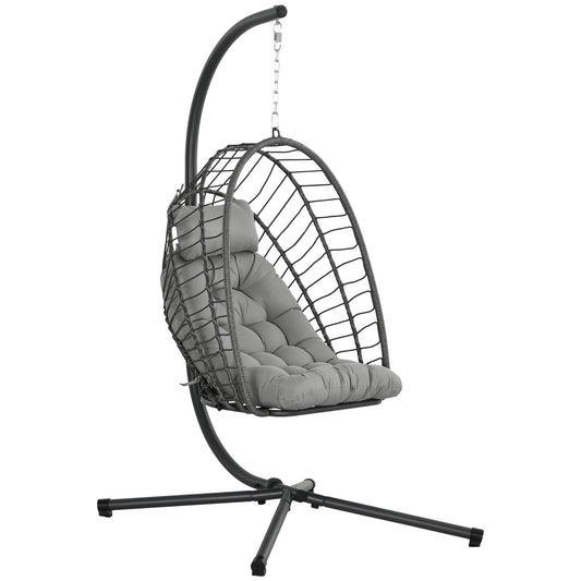 Outsunny Outdoor PE Rattan Swing Chair with Cushion, Garden Foldable Basket Patio Hanging Egg Chair with Metal Stand, Headrest, for Indoor and Outdoor, Light Grey