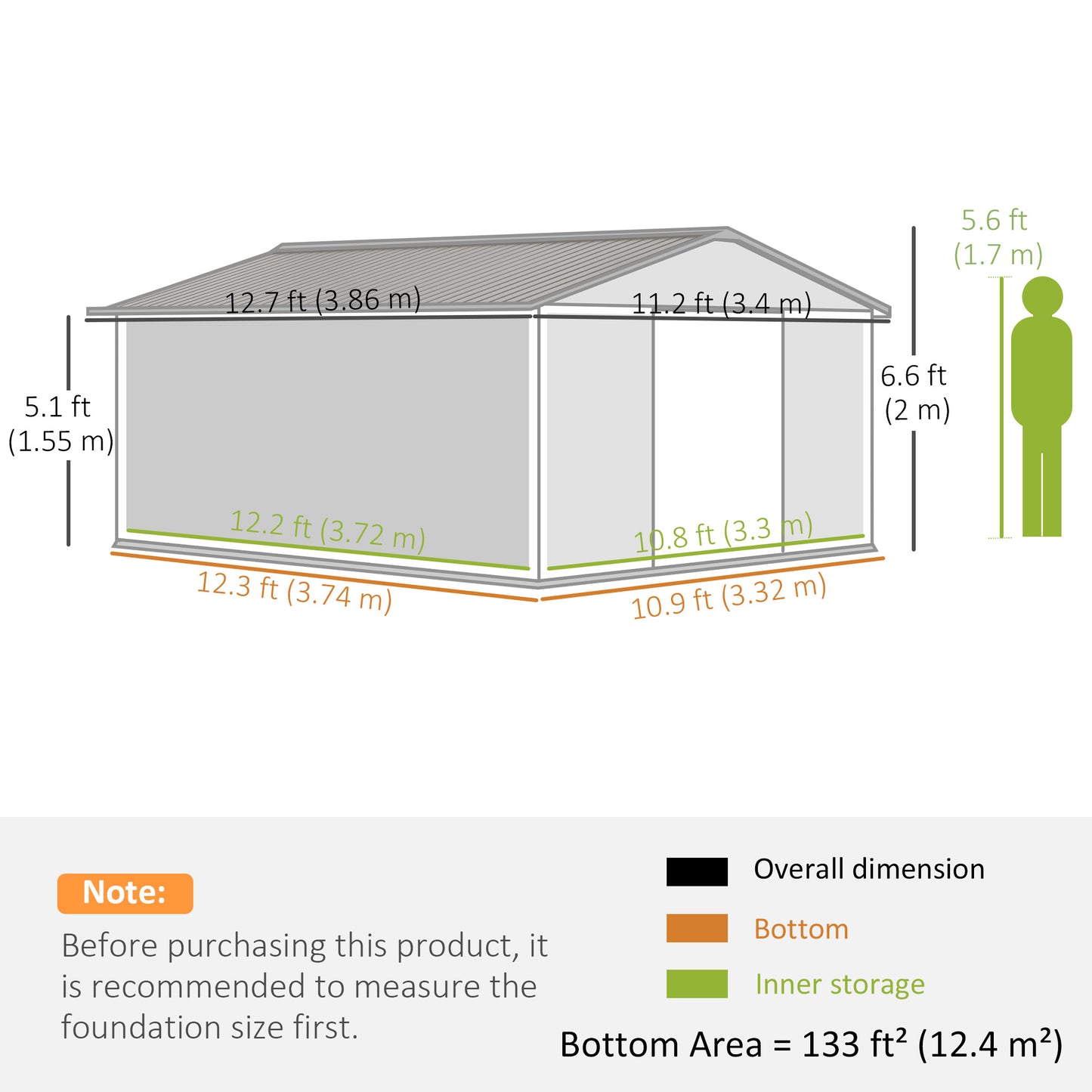 Outsunny 12.5 x 11.1ft Steel Sliding Door Storage Shed - Green