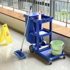 HOMCOM Janitor Cleaning Trolley, with Bin, Shelves and Hooks - Blue