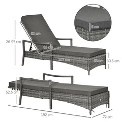 Outsunny Patio Rattan Sun Lounger, Dual Wicker Weave Outdoor Single Reclining Chair Furniture, 4-Level Adjustable Backrest w/ Removeable & Washable Cushion, Mixed Grey