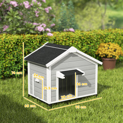 PawHut Wooden Dog House Outdoor with Openable Roof, Removable Floor, Curtain, Elevated Feet, for Medium Dogs, Light Grey