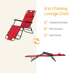 Outsunny 2 in 1 Sun Lounger Folding Reclining Chair Garden Outdoor Camping Adjustable Back with Pillow, Red