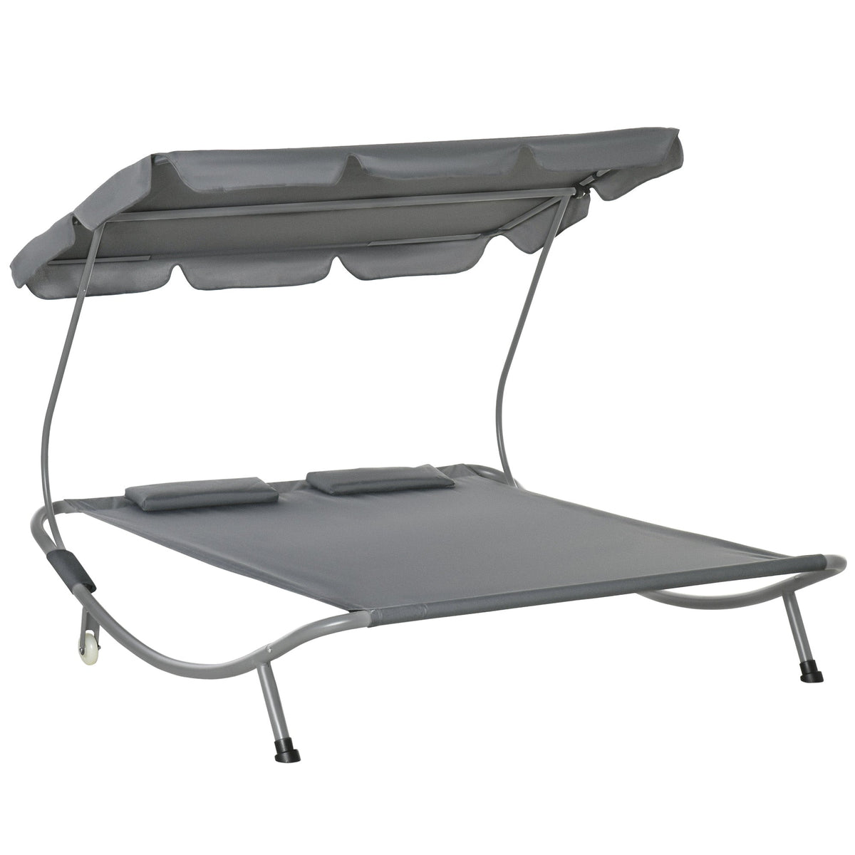 Outsunny Patio Double Hammock Sun Lounger Bed w/ Canopy Shelter, Wheels & 2 Pillows, Grey