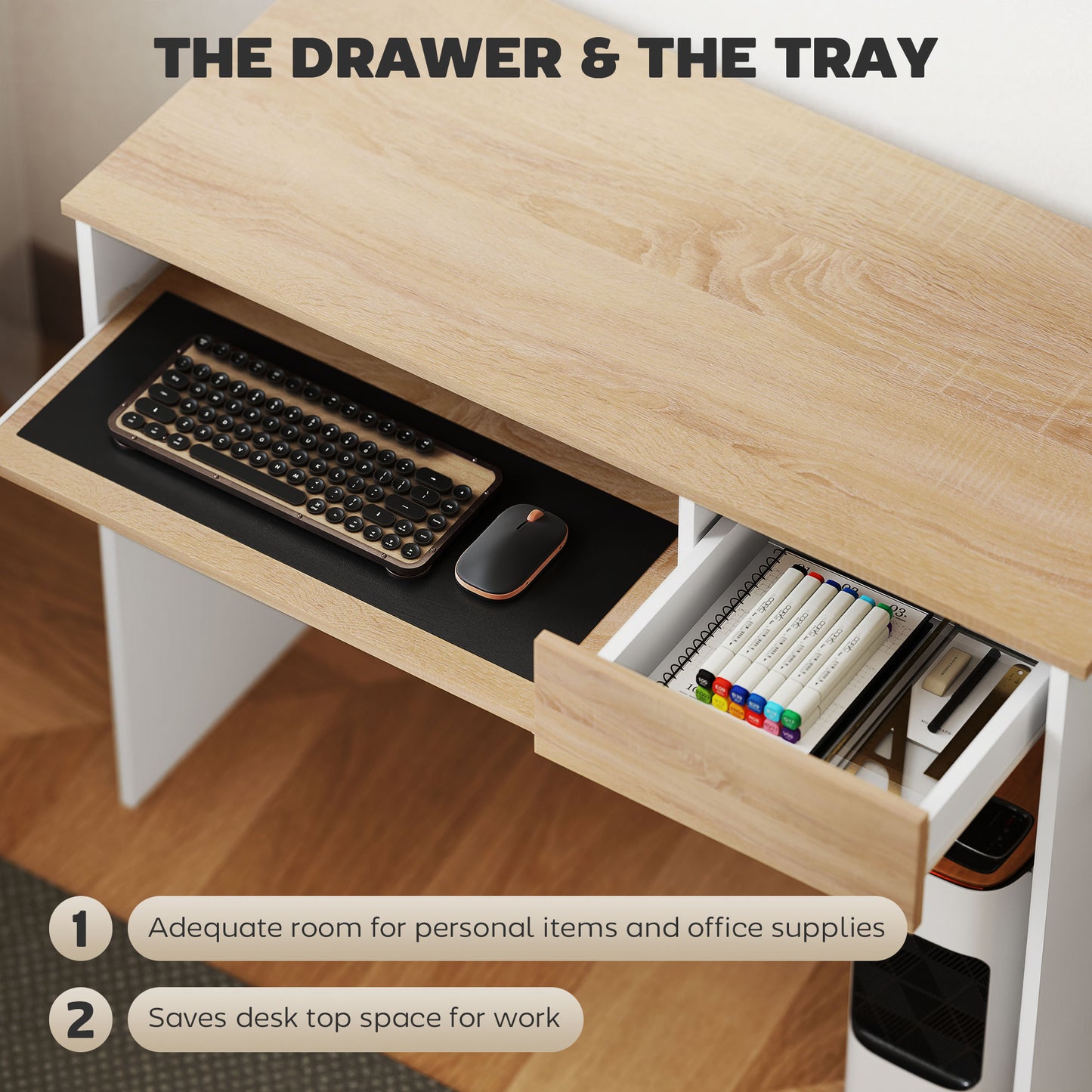 HOMCOM 100cm Compact Computer Desk with Keyboard Tray, Home Office Desk with Drawer for Bedroom Study, Oak