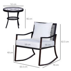 Outsunny 3 Pieces PE Rattan Garden Rocking Chair Set w/ Soft Cushion, Outdoor Rocking Bistro Set with Tempered Glass Round Coffee Table, Pillow, Brown