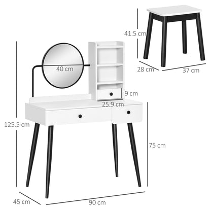 HOMCOM Dressing Table Set with Mirror and Stool, Vanity Makeup Table with 3 Drawers and Open Shelves for Bedroom, Living Room, White