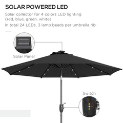 Outsunny 2.7m Garden Parasol Solar Outdoor Tilt Sun Umbrella Patio Sun Shade w/ 24 LED Light, Hand Crank and 8 Ribs, Black