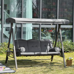 Outsunny 3 Seater Garden Swing Chair Outdoor Hammock Bench w/ Adjustable Canopy, Cushions and Cup Trays, Brown Steel Frame, Dark Grey Fabric