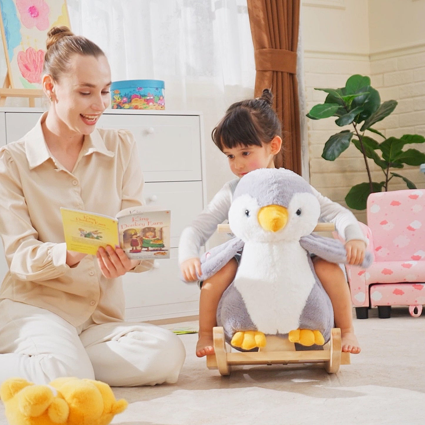 HOMCOM Children Kids Animal Rocking Horse Penguin Plush Musical Button 32 Songs Kid Rocker for 18+ Months