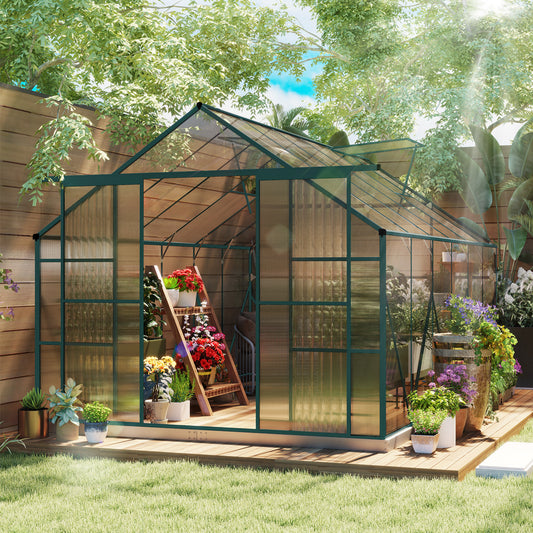 Outsunny 8 x 12ft Aluminium Greenhouse Polycarbonate Walk-in Garden Greenhouse Kit with Adjustable Roof Vent, Double Sliding Door, Rain Gutter and Foundation, Clear