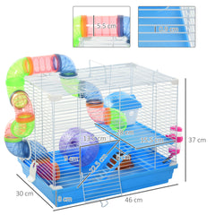 Pawhut 2 Tier Hamster Cage, Gerbil Cage with Handle, Exercise Wheels, Tunnel, Tube, Water Bottle, Dishes, Ladder, for Dwarf, Blue